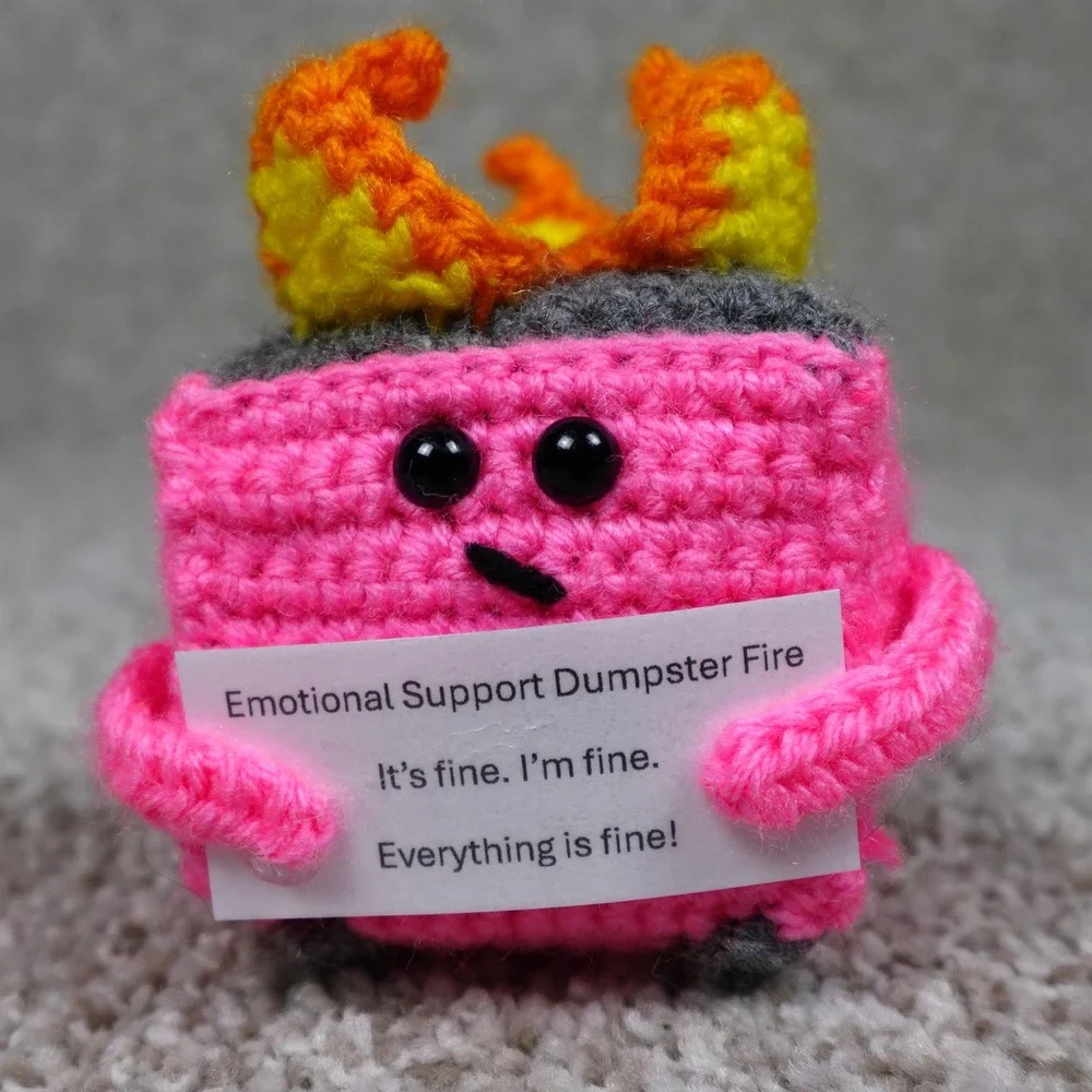 Handmade Pink Crochet Emotional Support Dumpster Fire Amigurumi Plush Desk Decor